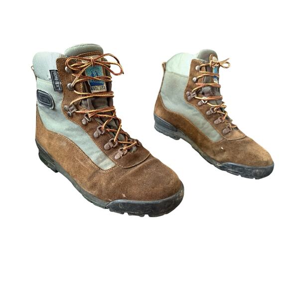 Tecnica Trekking Hiking Cervino Boots Gore-Tex Brown Suede Green Canvas Mens 11 - Picture 3 of 6